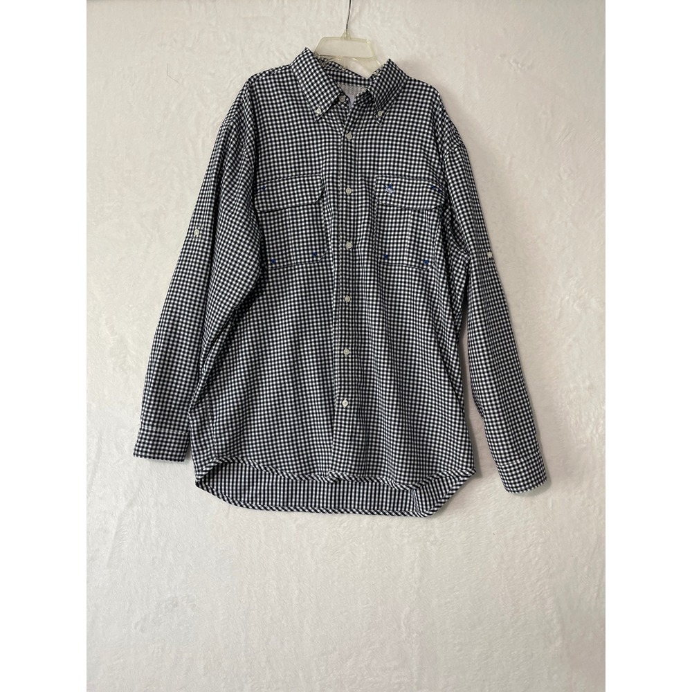 Guy Harvey Mens XL Gingham Fishing Shirt Navy White Ventilated Roll Tab Sleeve